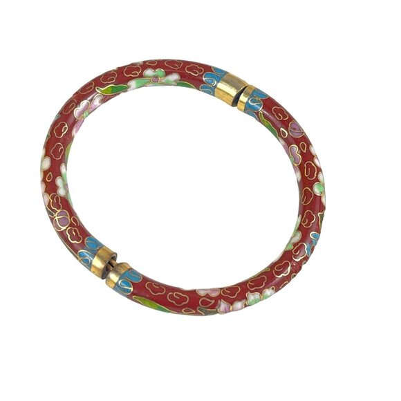 Chinese Export Vintage Cloisonné Red Floral Bracelet With Gold-Tone Accents - Picture 6 of 6